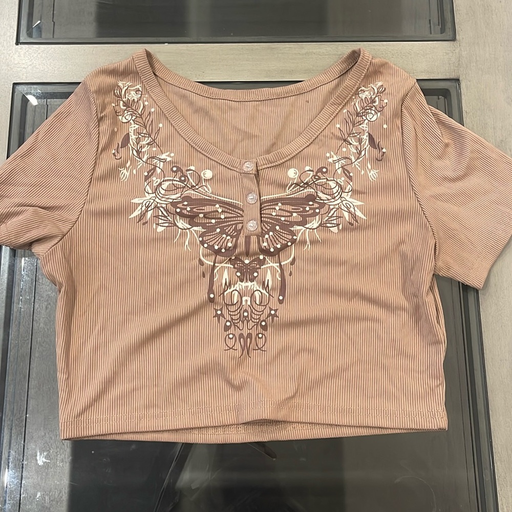 Women’s Y2K Brown Cropped Top With Butterfly